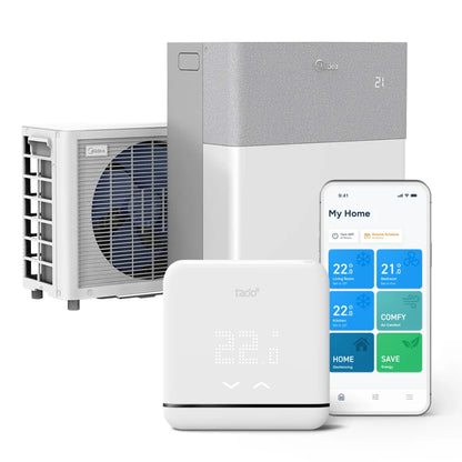 Midea Smart air conditioning unit with Smart AC Control and smartphone app on a white background