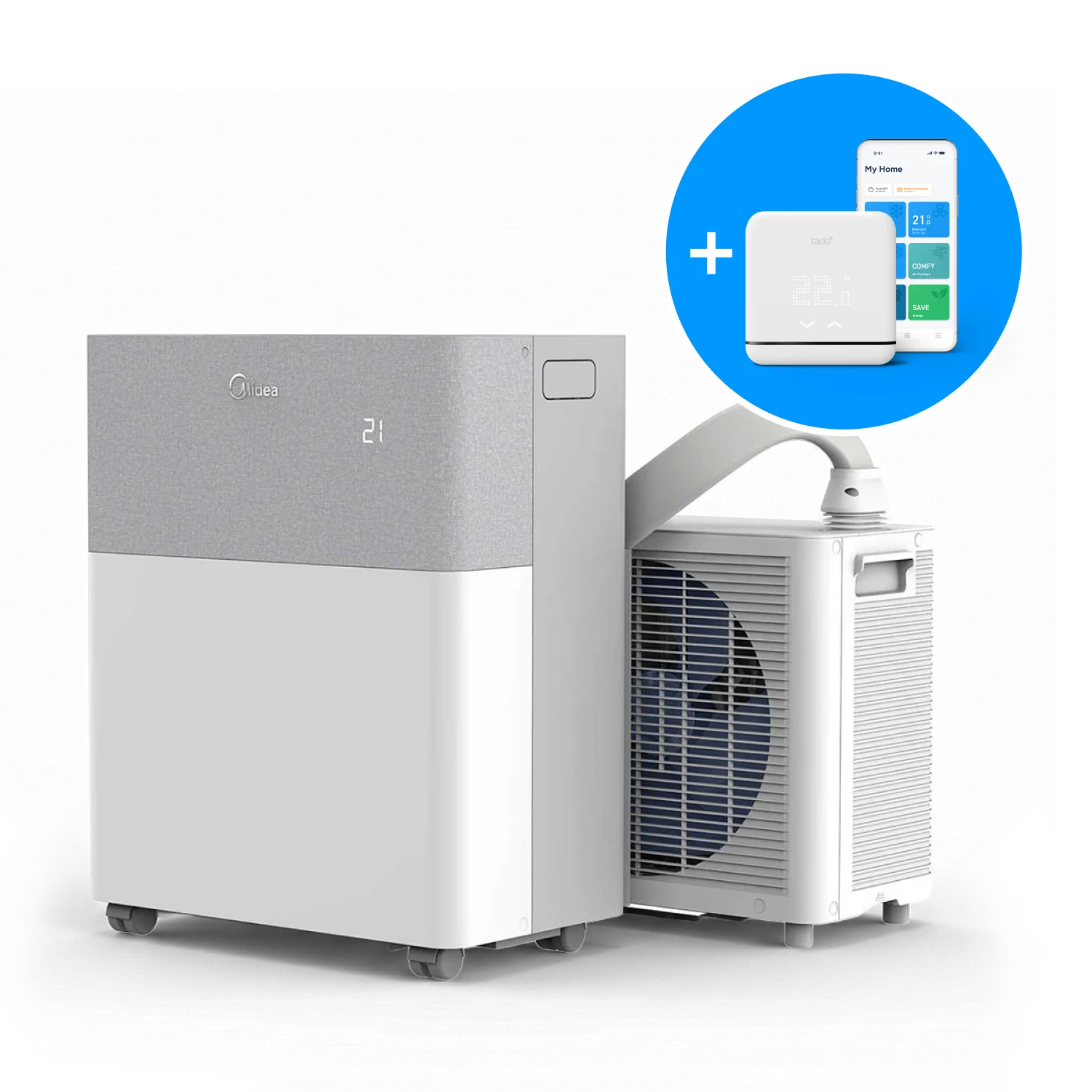 Midea Smart air conditioning unit with Smart AC Control and smartphone app on a white background
