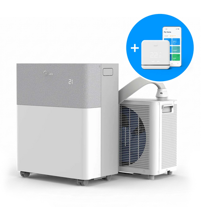 Midea Smart air conditioning unit with Smart AC Control and smartphone app on a white background
