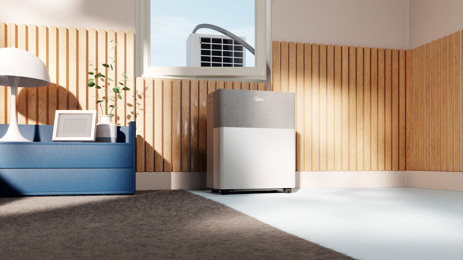 Modern air conditioning unit in a room with wooden paneling and a window.