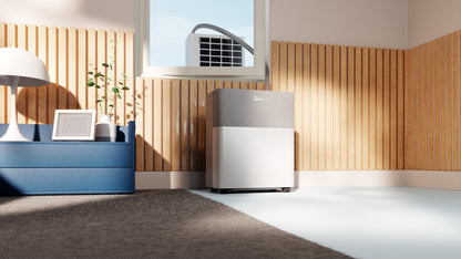 Modern air conditioning unit in a room with wooden paneling and a window.