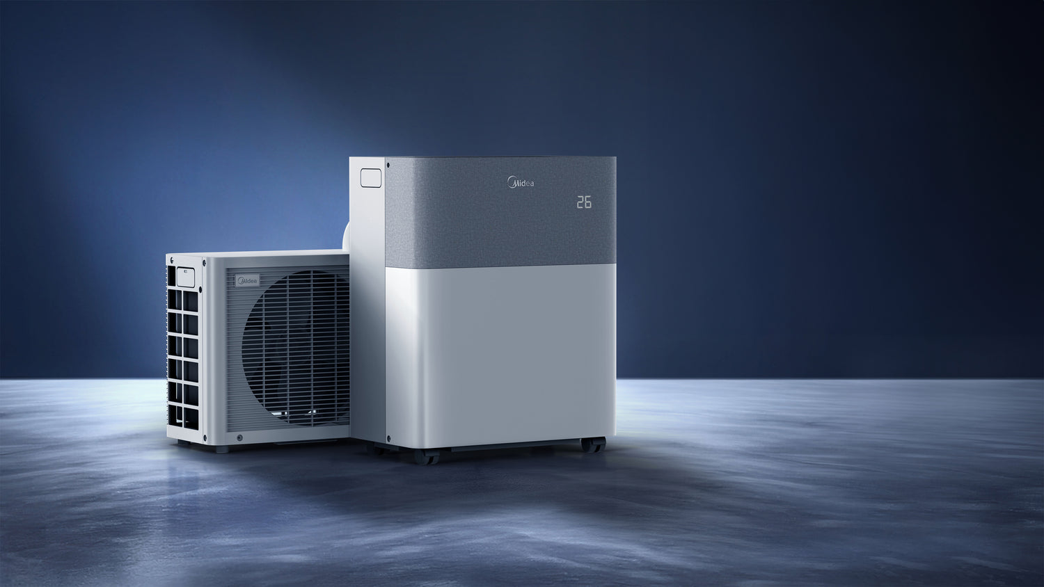 Aair conditioning units on a reflective surface with a dark blue background
